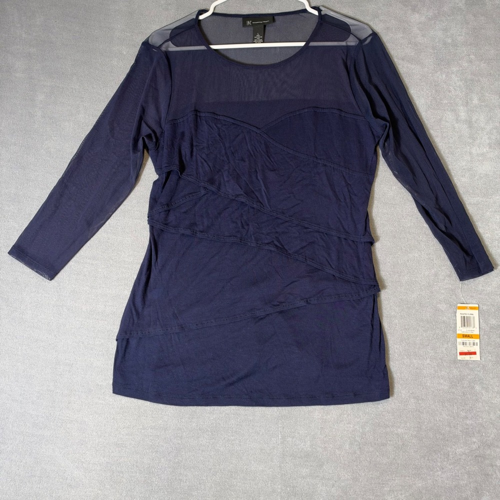 INC International Concepts Navy Blue Tiered Mesh Yoke Long Sleeve Top L NEW